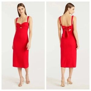 Cinq a Sept Red Ruched Bodice Bow Back Midi Dress